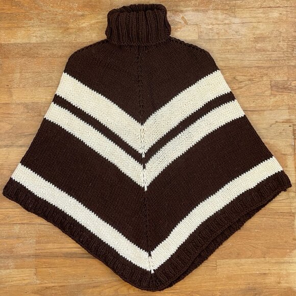 Vintage Chunky Hand Knit Poncho 1970s Brown & Cream Crocheted Acrylic Turtleneck - Picture 1 of 5